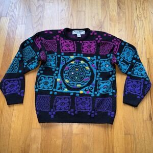 Vintage Kitty Hawk Vivian Wang Sweater S‎ Black Colorful Abstract Geo Knit 80s